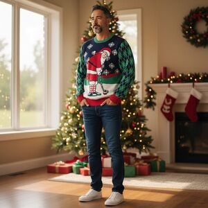 Men's Festive Santa Playing Golf Ugly Sweater Large